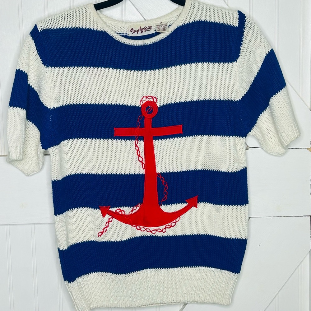 Vintage Striped Blue and White‎ Sweater with Red Anchor Size Medium